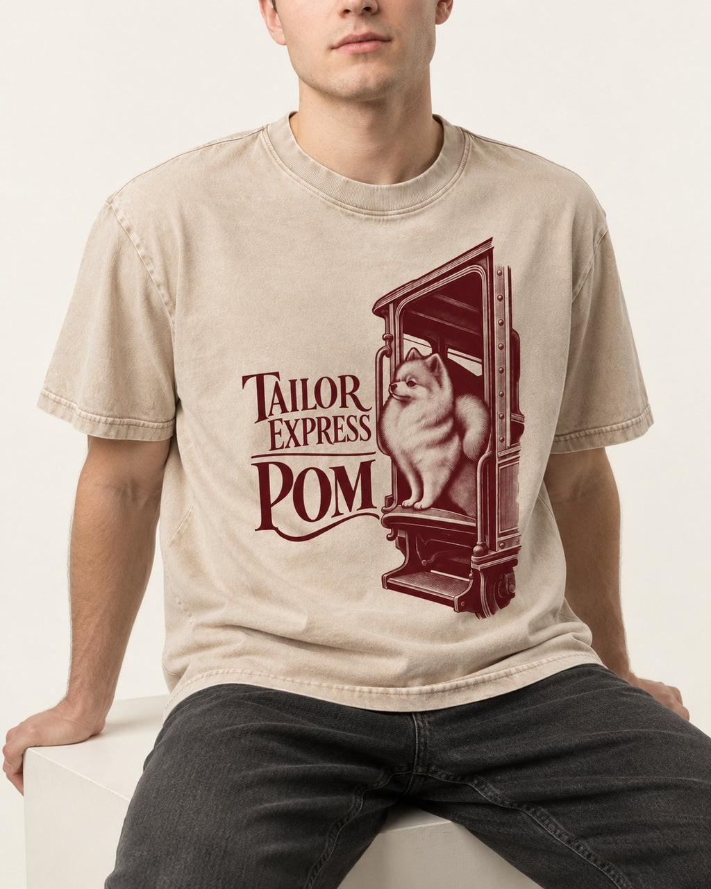 Pomeranian Express Washed Tee in Apricot, worn by a seated model