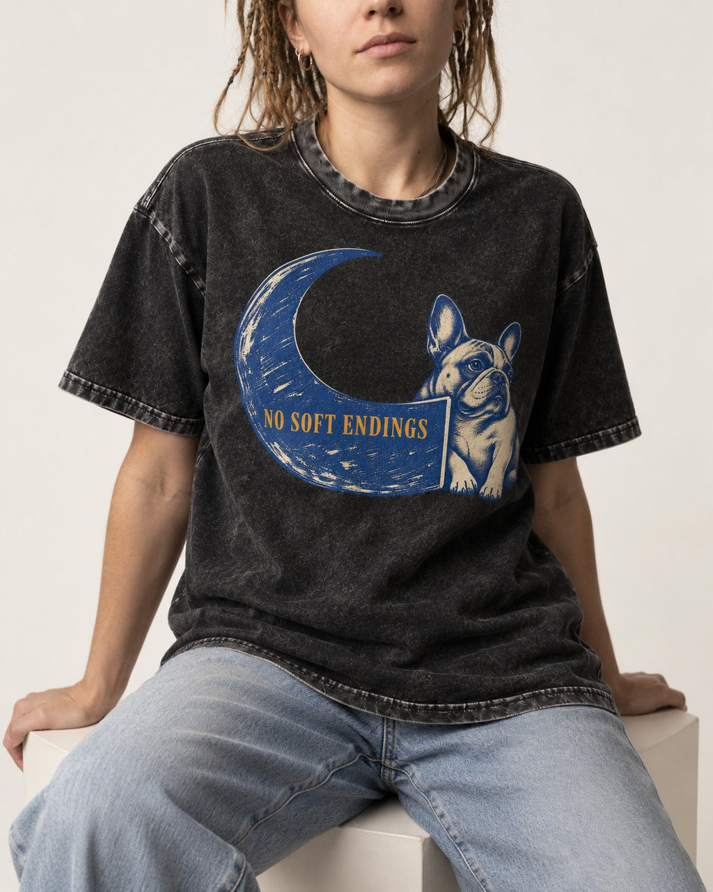 Frenchie No Soft Endings Crescent Graphic Washed Tee in Black, worn by a seated model