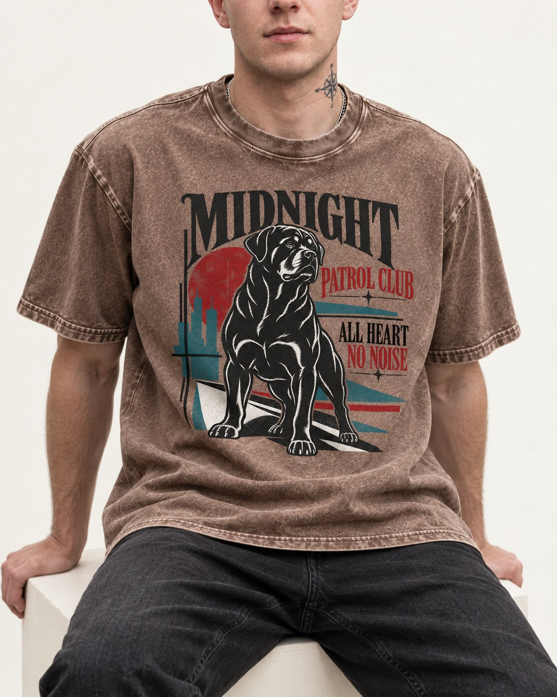 Rottweiler Midnight Patrol Club Washed Tee in Coffee, worn by a seated model