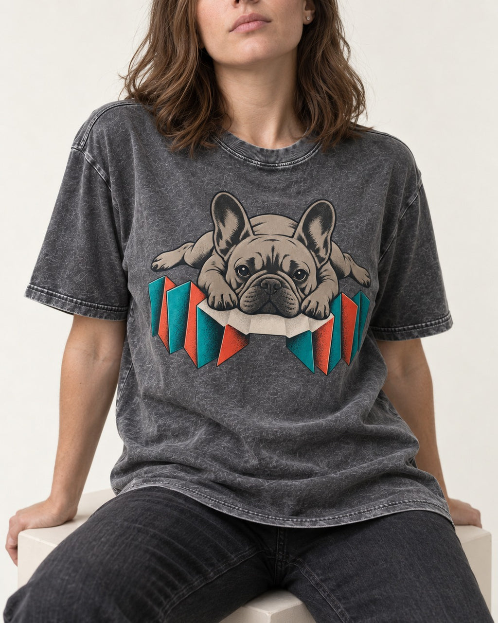 Frenchie Sploot Press Graphic Washed Tee in Gray, worn by a seated model