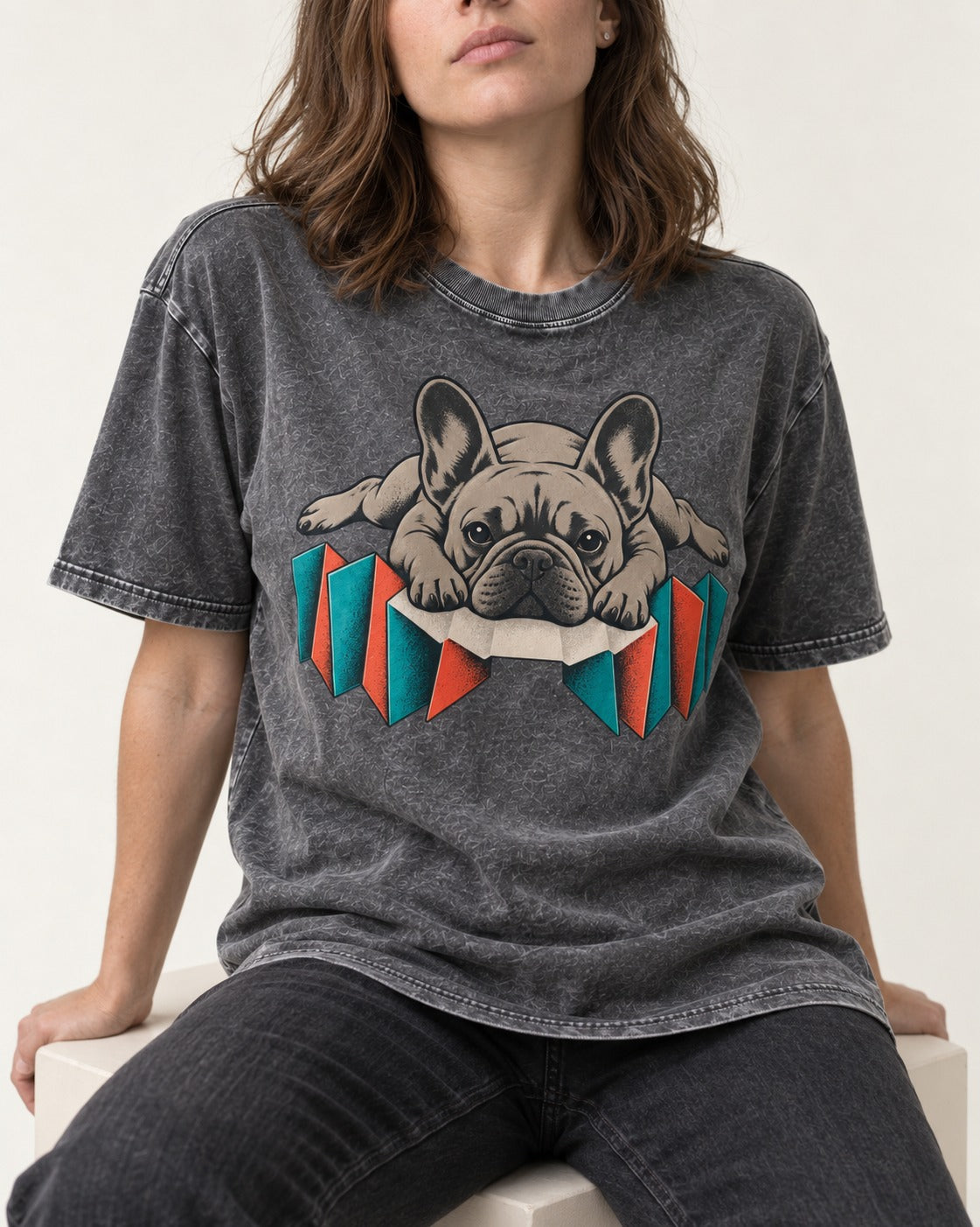 Frenchie Sploot Press Graphic Washed Tee in Gray, worn by a seated model
