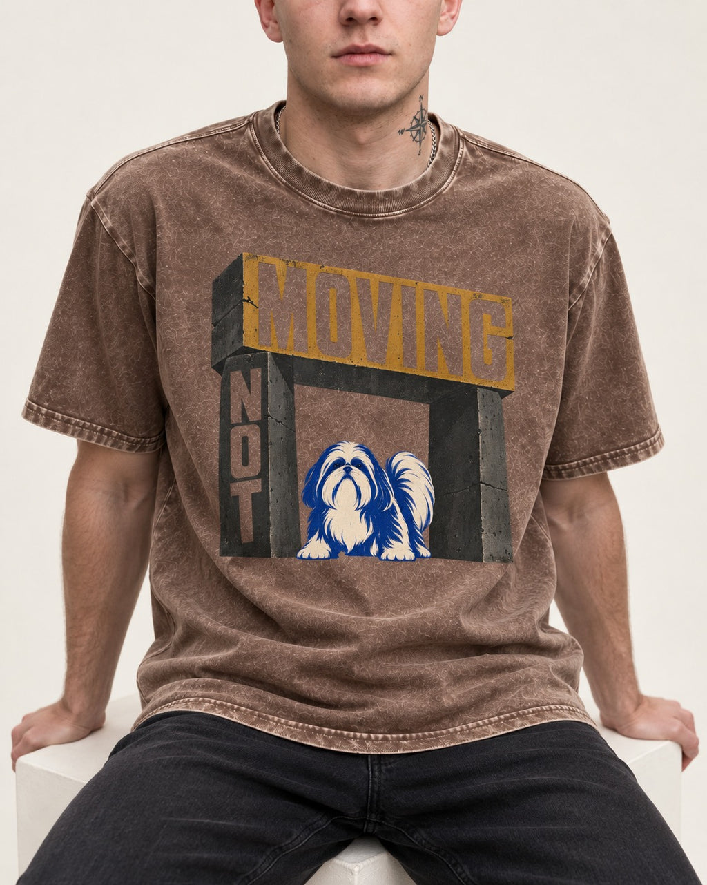 Not Moving Shih Tzu Washed Tee in Coffee, worn by a seated model