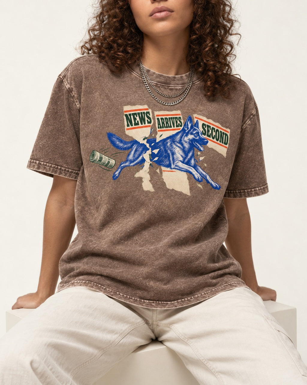 News Arrives Second German Shepherd Dog Washed Tee in Coffee, worn by a seated model