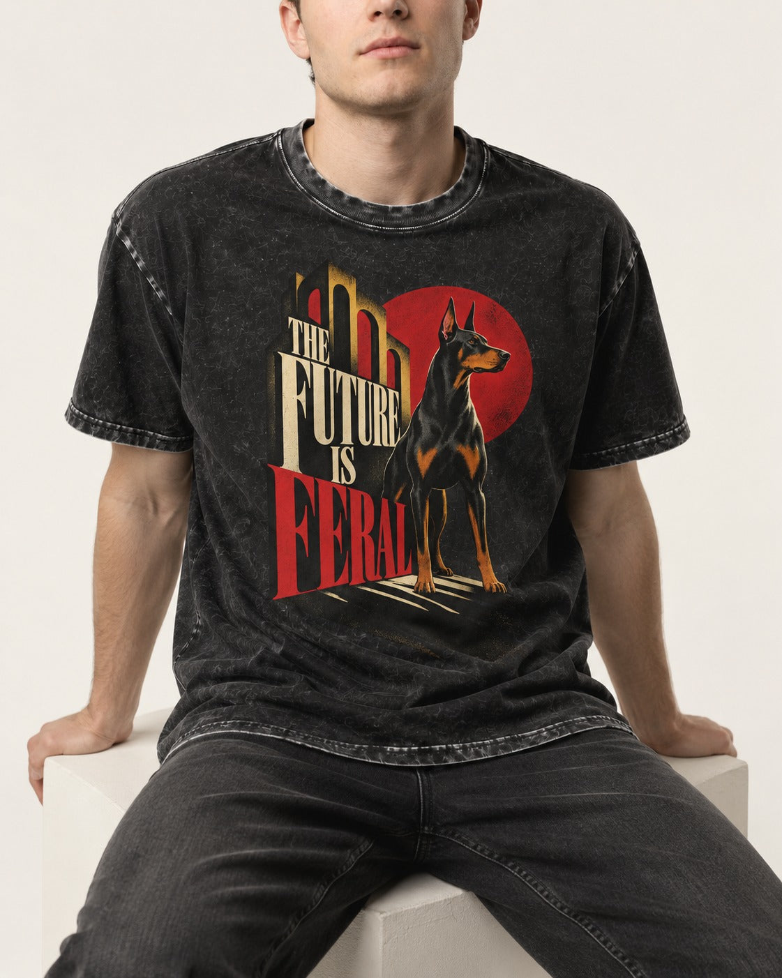 Doberman The Future Is Feral Art Deco Graphic Washed Tee in Black, worn by a seated model
