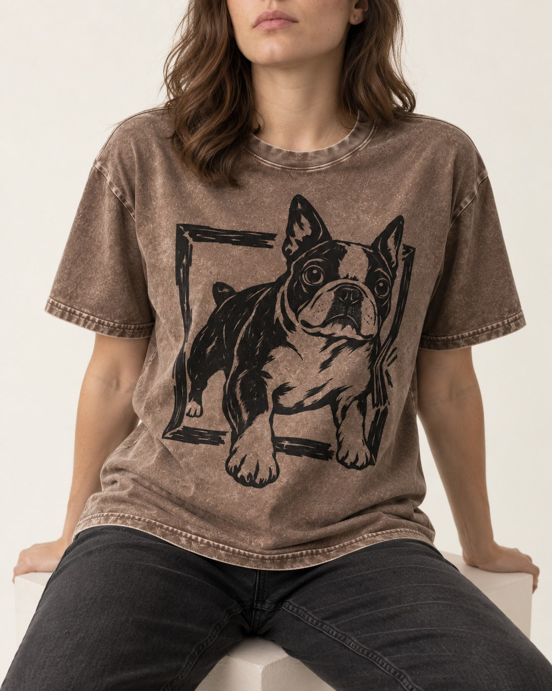 Boston Terrier Unstoppable Washed Tee in Coffee, worn by a seated model