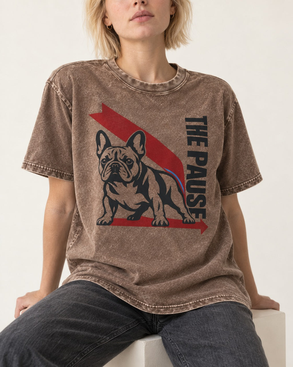 The Frenchie Pause Washed Tee in Coffee, worn by a seated model