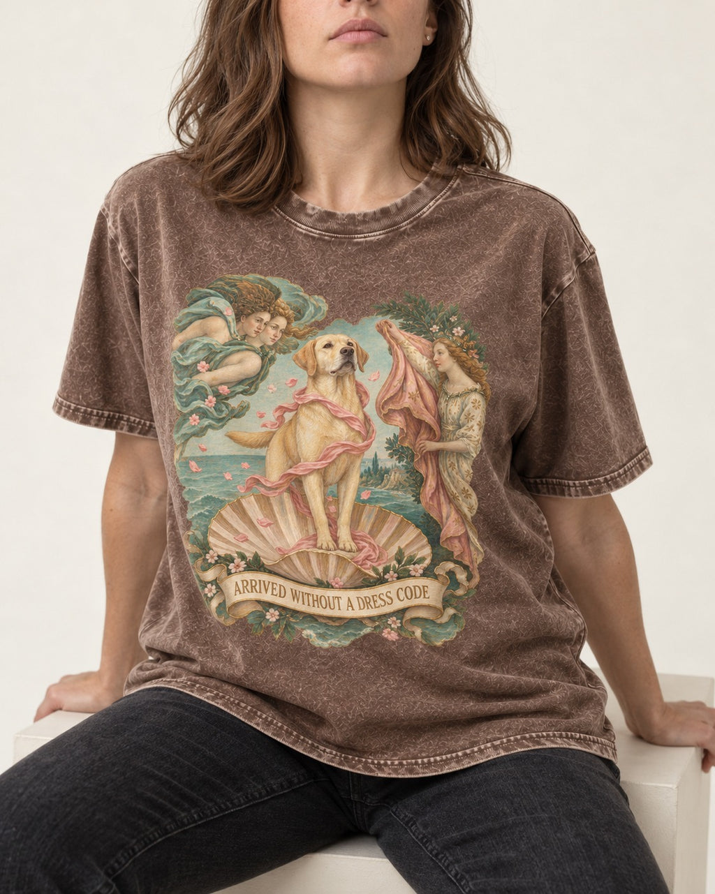 Labrador Retriever Without a Dress Code Washed Tee in Coffee, worn by a seated model