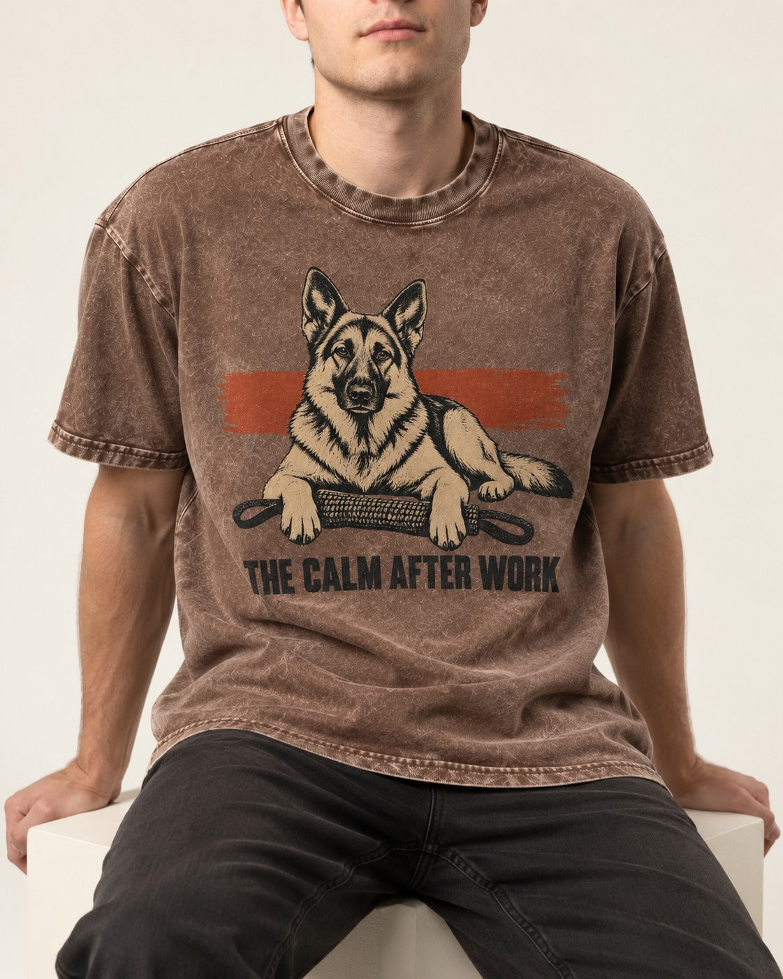 German Shepherd Dog The Calm After Work Washed Tee in Coffee, worn by a seated model
