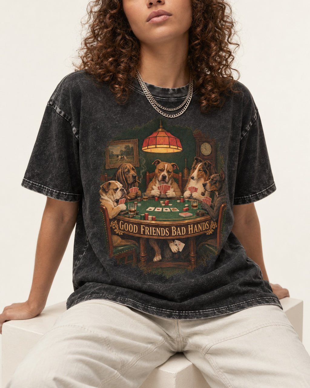 Pitbull Good Friends Bad Hands Poker Night Graphic Washed Tee in Black, worn by a seated model