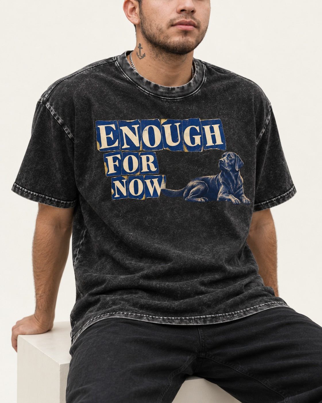 Labrador Retriever Enough for Now Reclining Graphic Washed Tee in Black, worn by a seated model