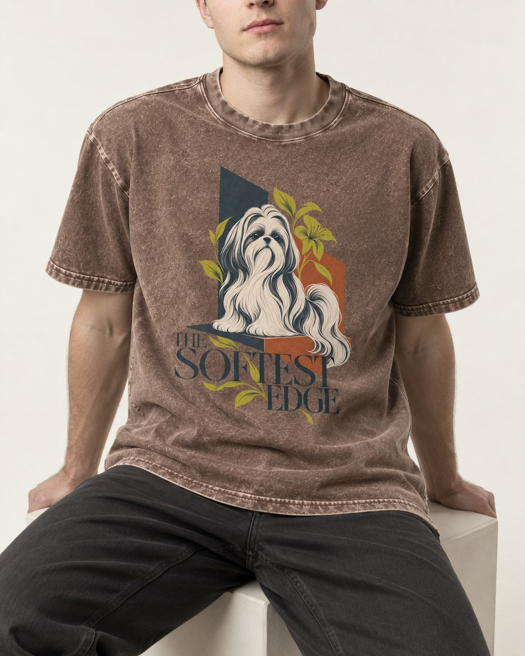 Shih Tzu The Softest Edge Washed Tee in Coffee, worn by a seated model