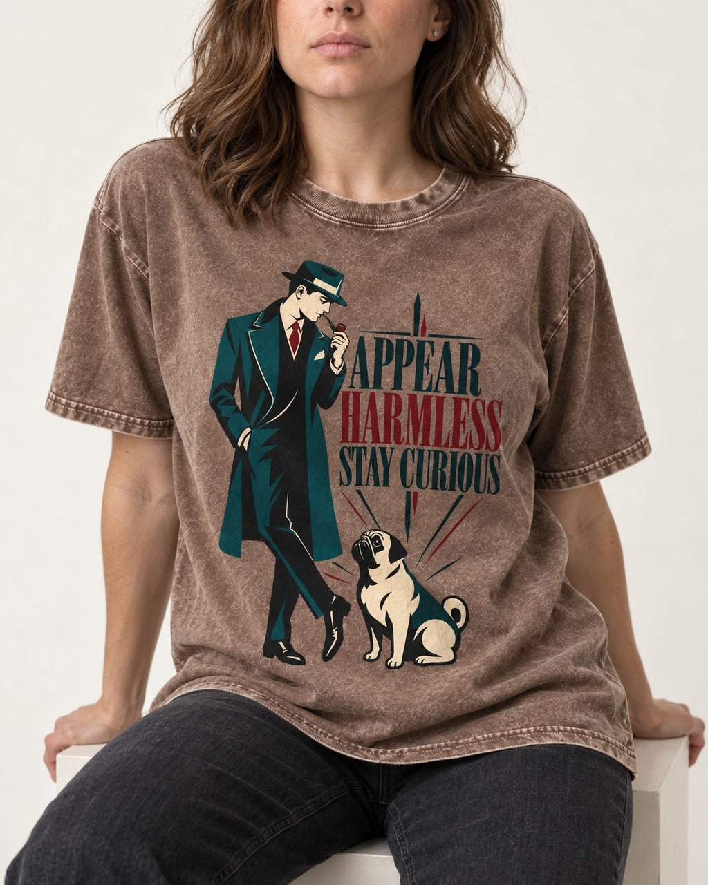 Pug Appear Harmless Stay Curious Washed Tee in Coffee, worn by a seated model