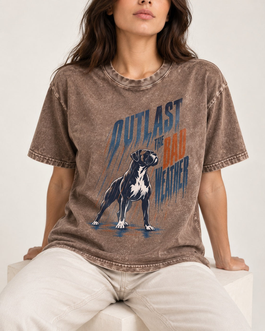 Boxer Outlast the Bad Weather Washed Tee in Coffee, worn by a seated model