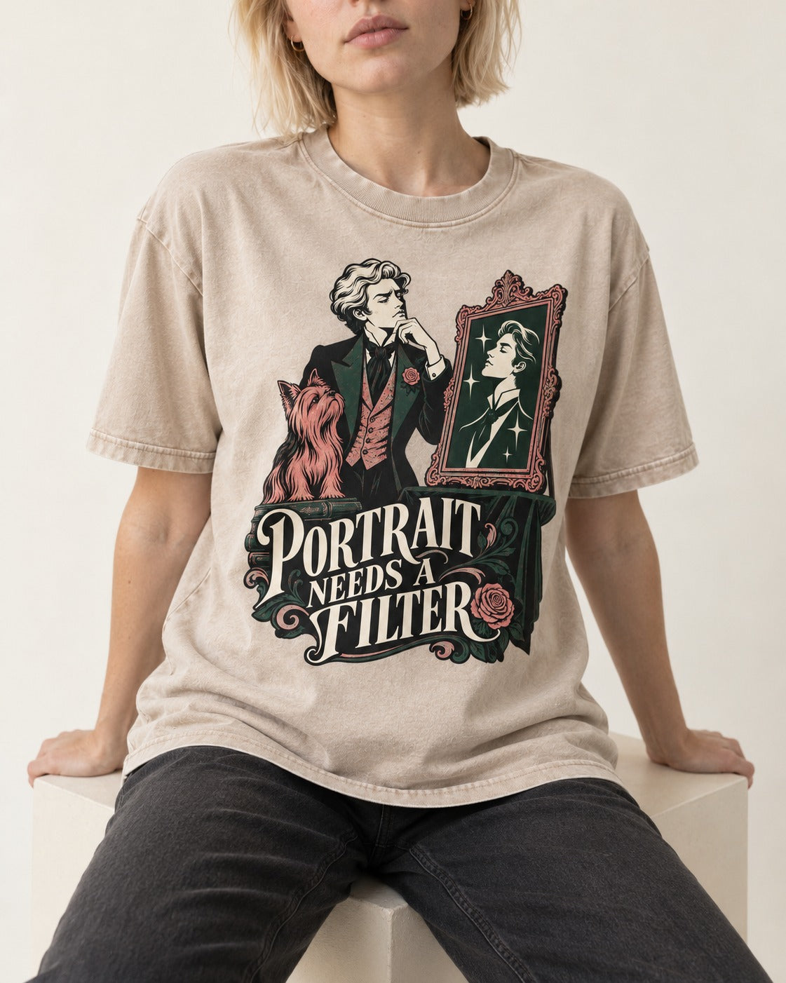 Yorkshire Terrier Needs a Filter Washed Tee in Apricot, worn by a seated model