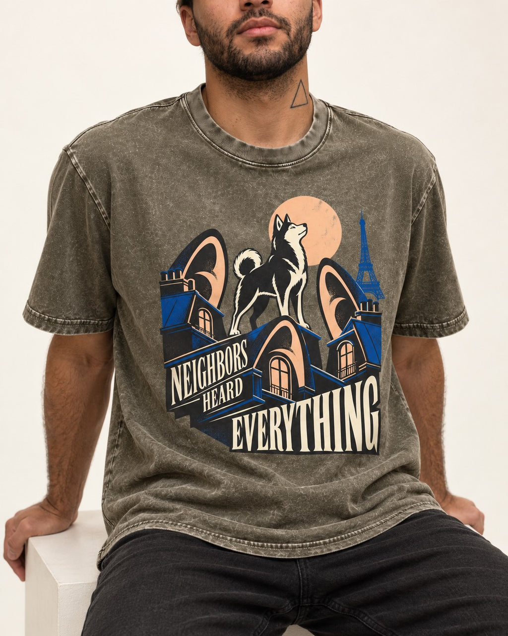 Husky Neighbors Heard Everything Paris Rooftop Graphic Washed Tee in Army Green, worn by a seated model