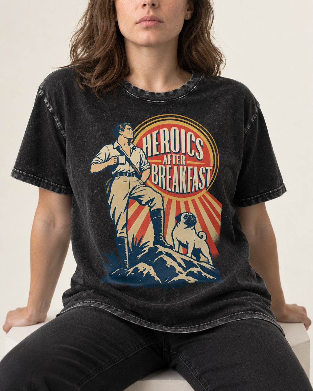 Pug Heroics After Breakfast Adventure Graphic Washed Tee in Black, worn by a seated model