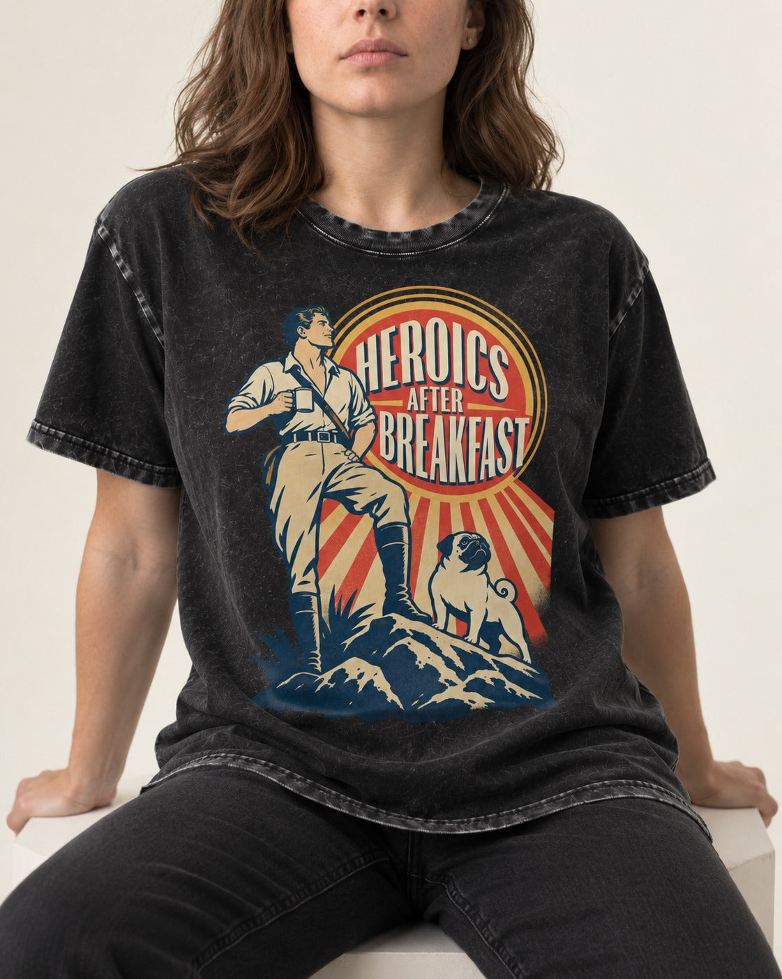 Pug Heroics After Breakfast Adventure Graphic Washed Tee in Black, worn by a seated model