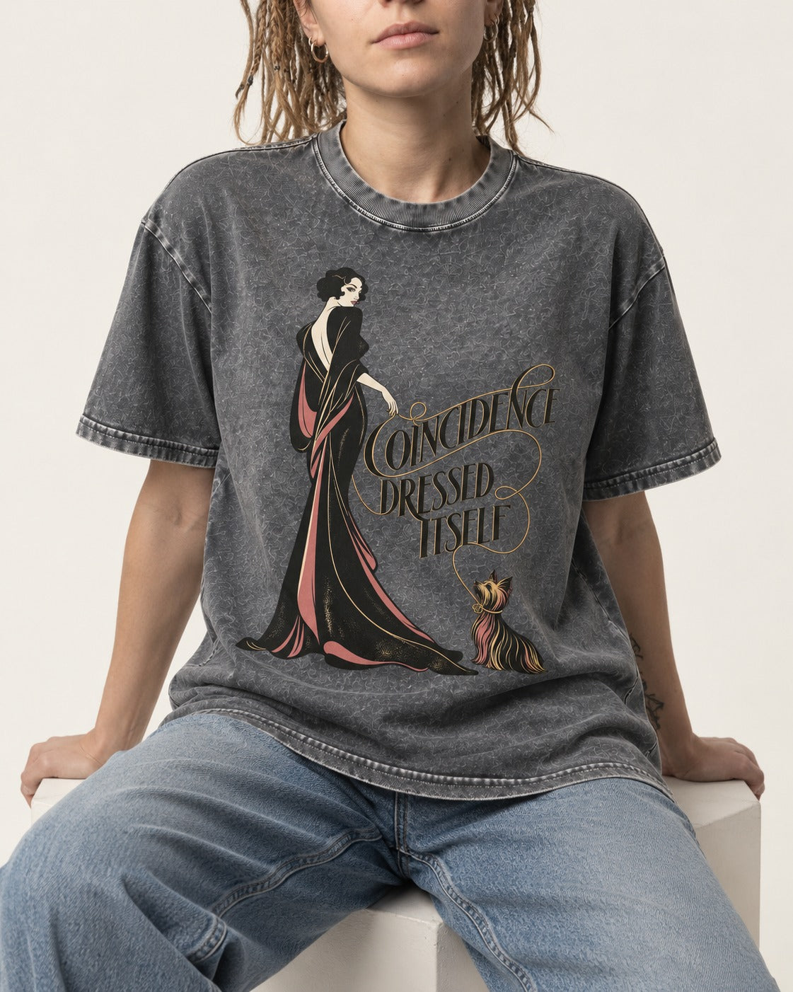 Yorkshire Terrier Coincidence Dressed Itself Art Deco Graphic Washed Tee in Gray, worn by a seated model