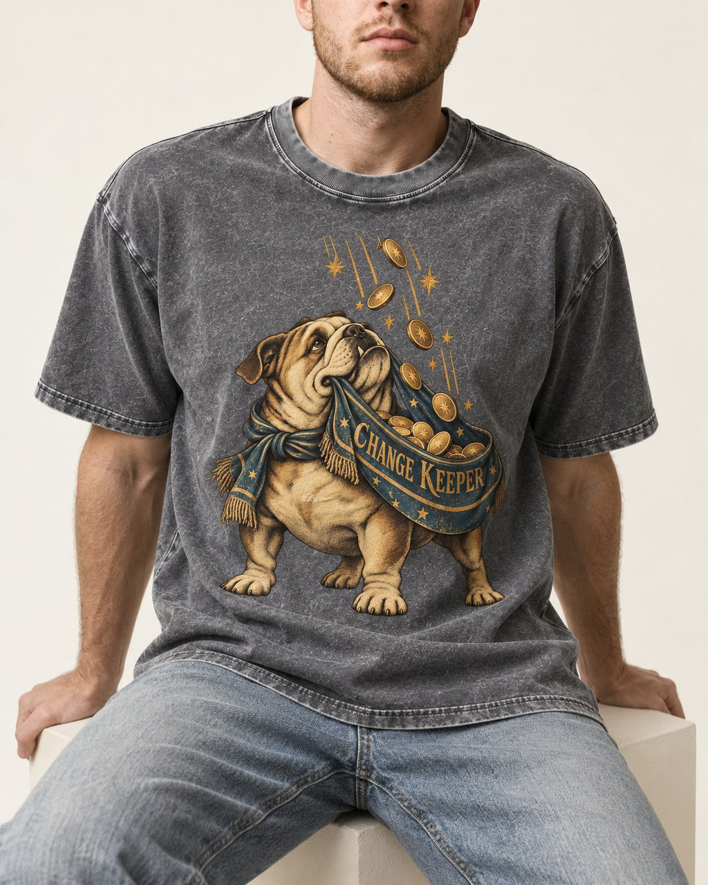 English Bulldog Change Keeper Coin Scarf Graphic Washed Tee in Gray, worn by a seated model