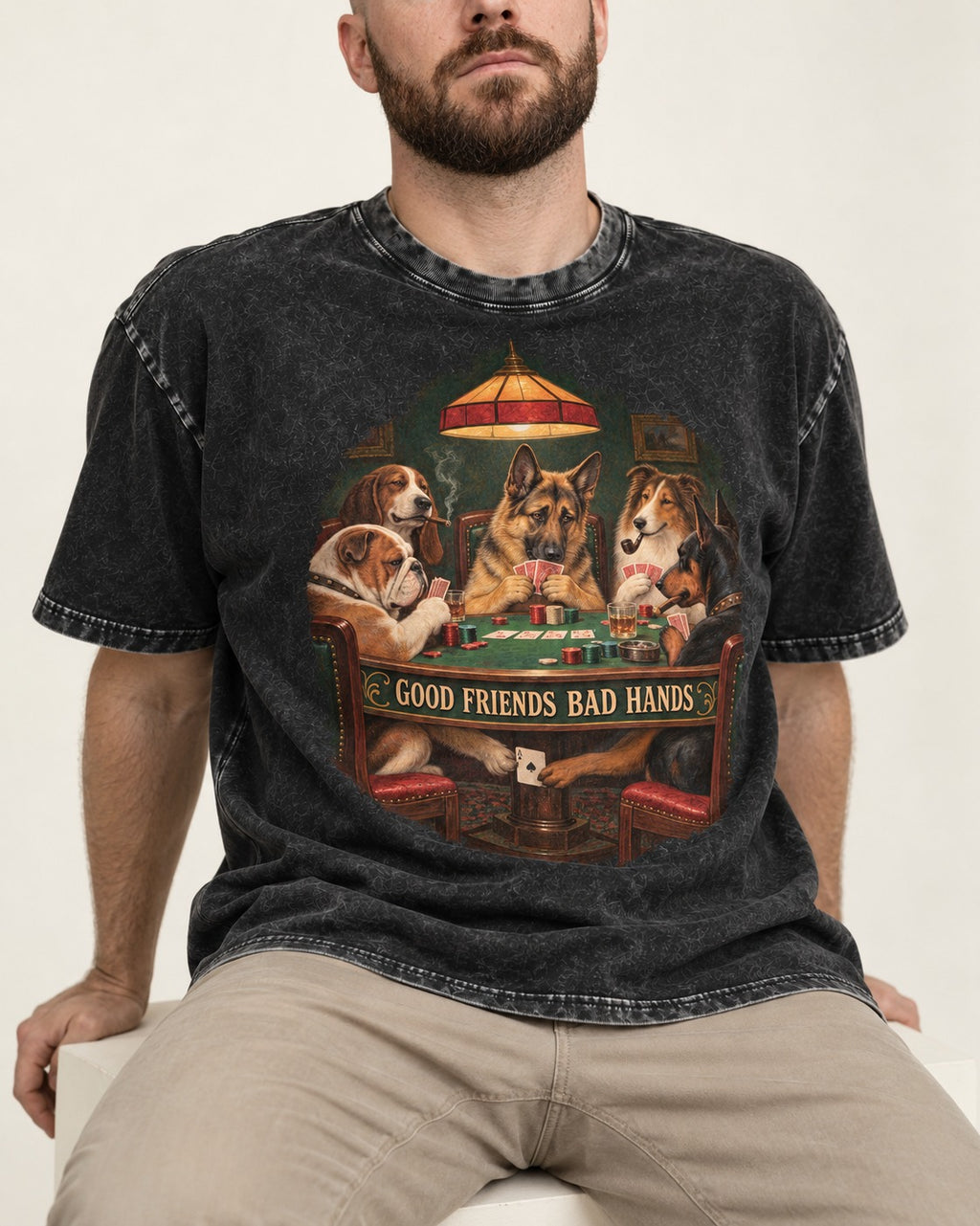 German Shepherd Dog Good Friends Bad Hands Poker Graphic Washed Tee in Black, worn by a seated model