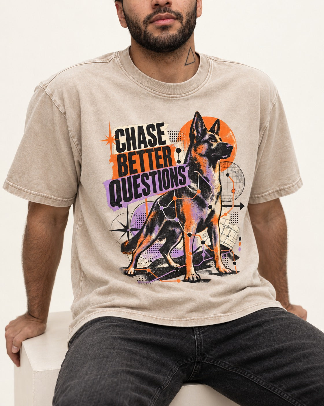 Chase Better Questions German Shepherd Dog Washed Tee in Apricot, worn by a seated model