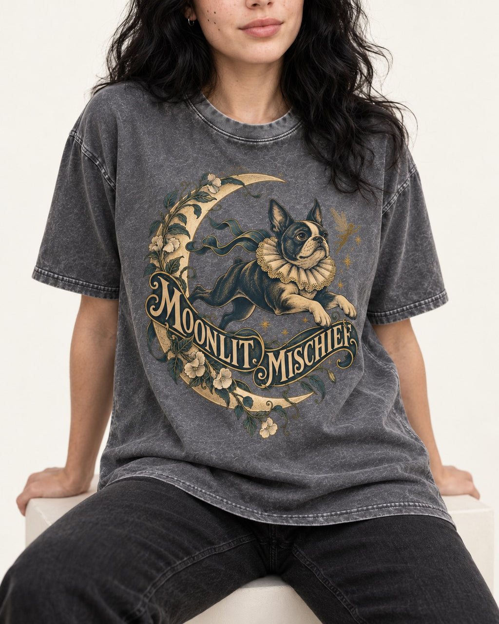 Boston Terrier Moonlit Mischief Washed Tee in Gray, worn by a seated model