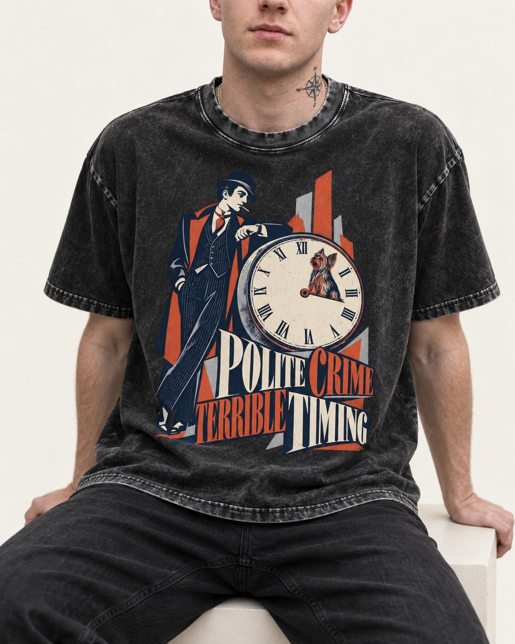 Yorkshire Terrier Polite Crime Terrible Timing Art Deco Clock Graphic Washed Tee in Black, worn by a seated model