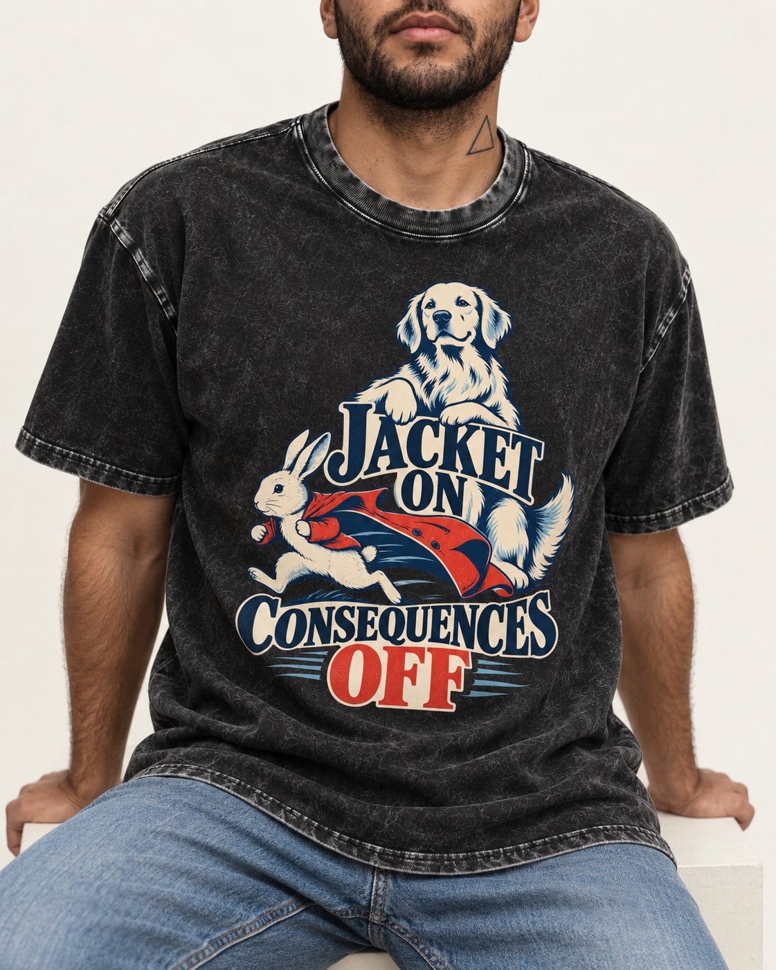 Golden Retriever Jacket On Consequences Off Rabbit Chase Graphic Washed Tee in Black, worn by a seated model