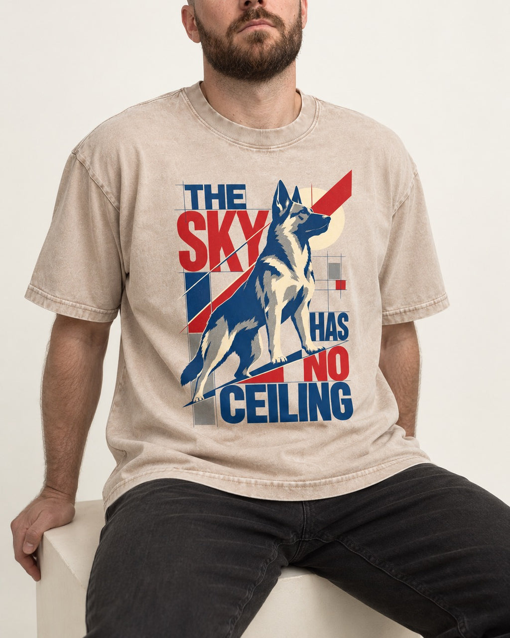 Sky Has No Ceiling German Shepherd Dog Washed Tee in Apricot, worn by a seated model