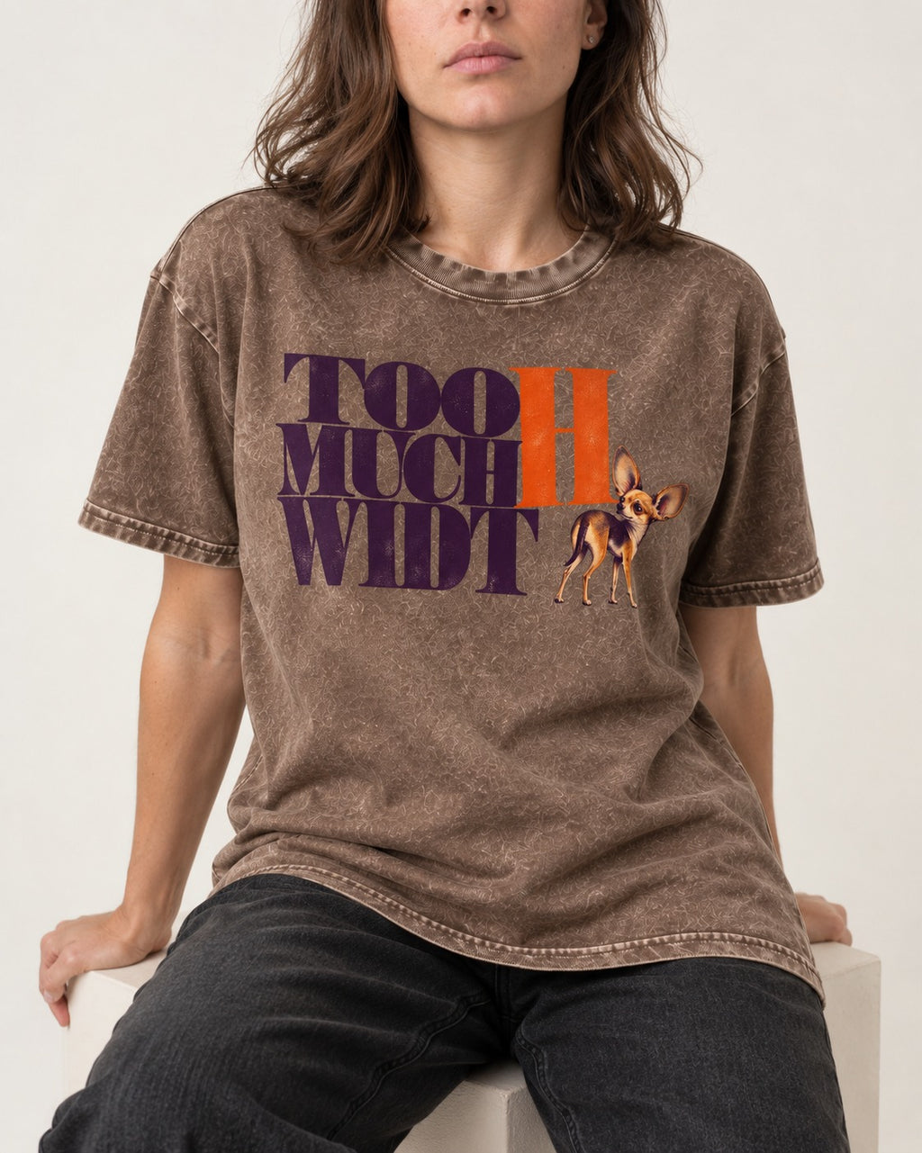 Too Much Width Chihuahua Washed Tee in Coffee, worn by a seated model