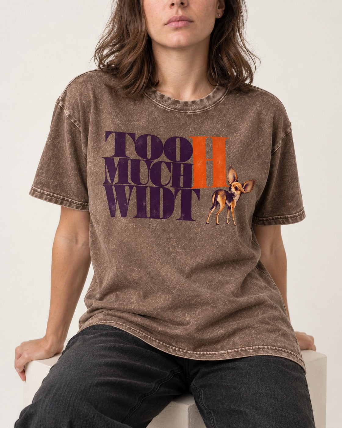 Too Much Width Chihuahua Washed Tee in Coffee, worn by a seated model