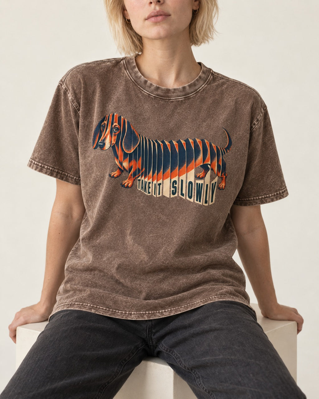Take It Slowly Dachshund Washed Tee in Coffee, worn by a seated model