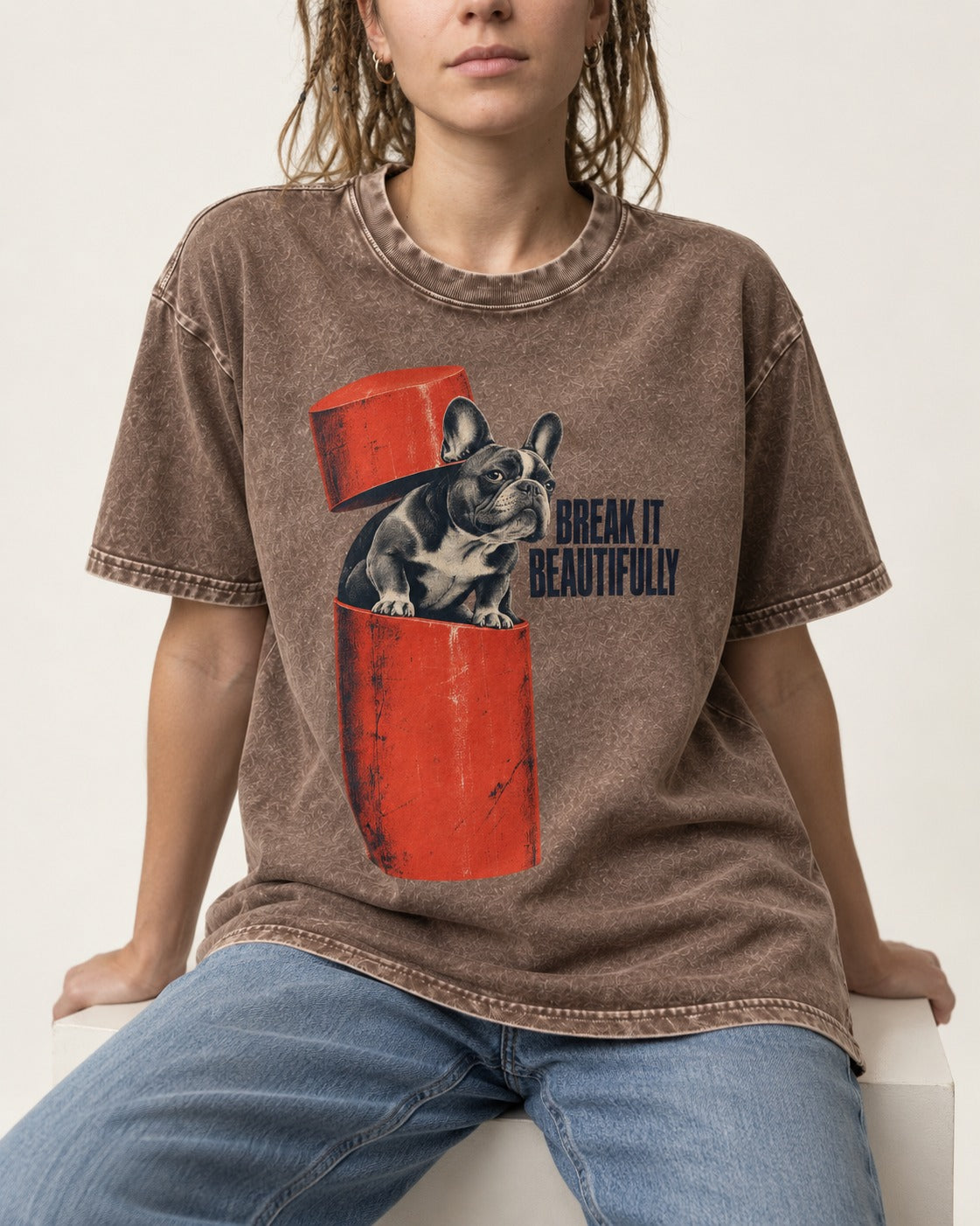 Frenchie Break It Beautifully Washed Tee in Coffee, worn by a seated model