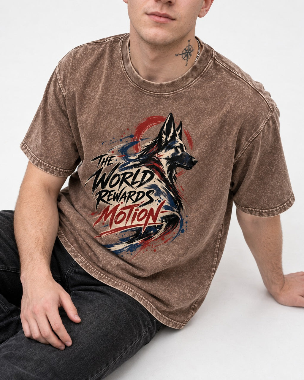 German Shepherd Dog The World Rewards Motion Washed Tee in Coffee, worn by a seated model