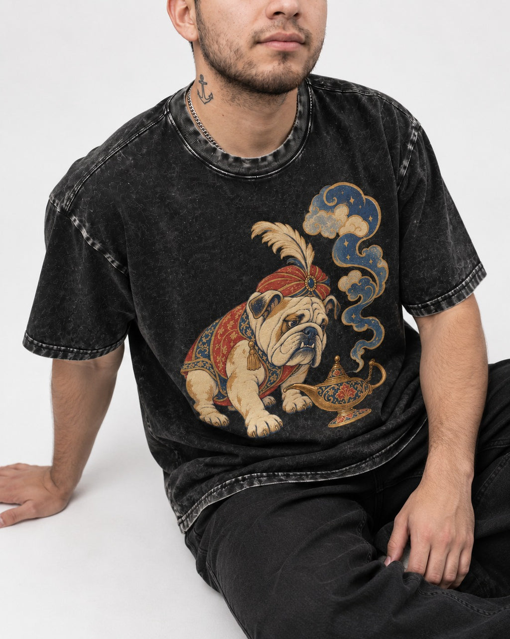 English Bulldog Magic Lamp Genie Graphic Washed Tee in Black, worn by a seated model
