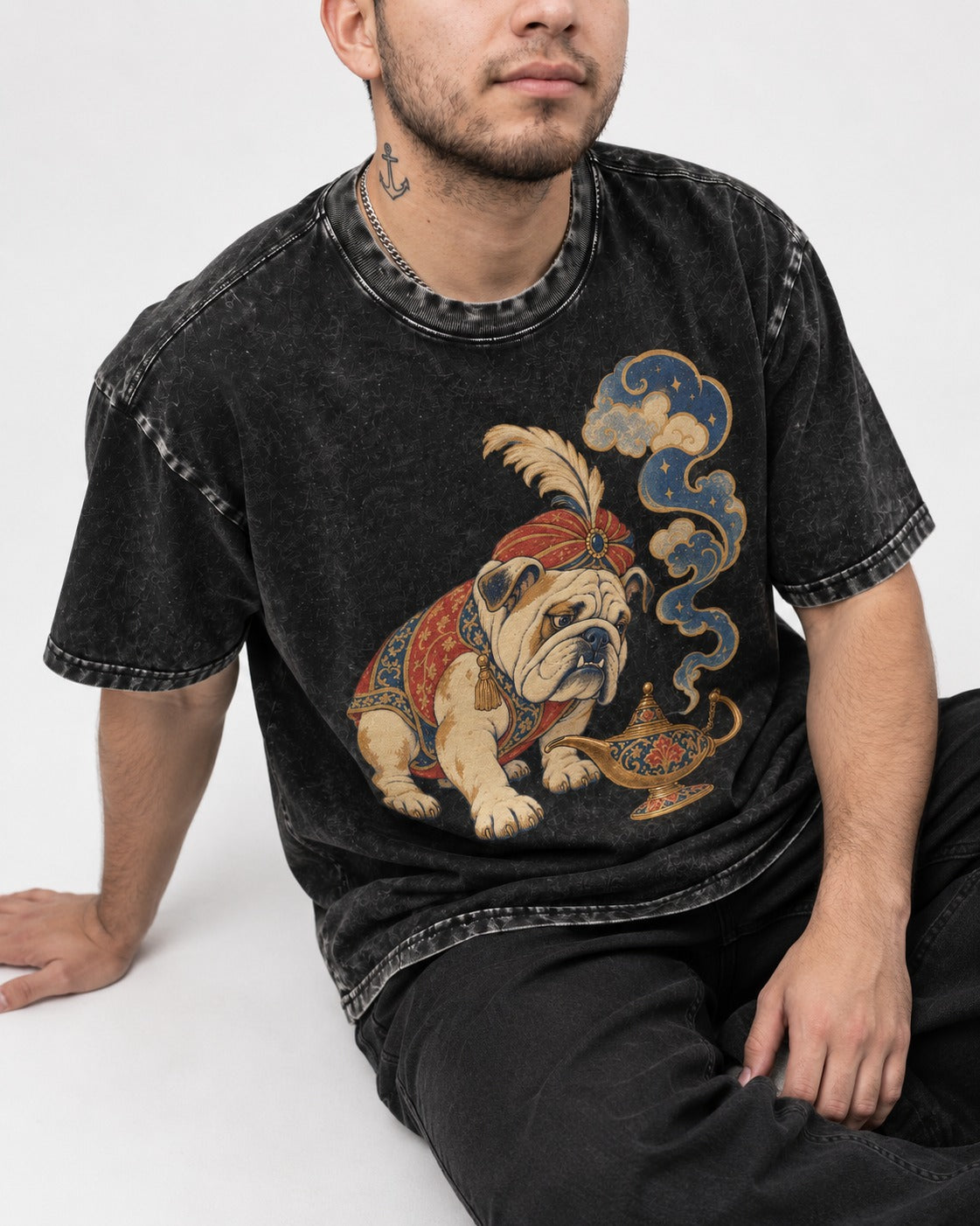 English Bulldog Magic Lamp Genie Graphic Washed Tee in Black, worn by a seated model