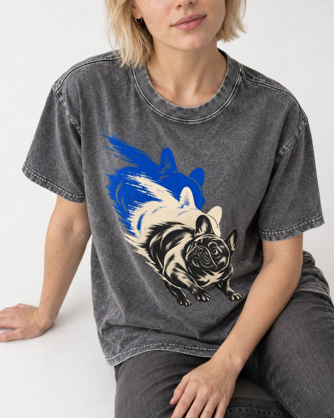 Frenchie Blue Brush Zoomie Graphic Washed Tee in Gray, worn by a seated model
