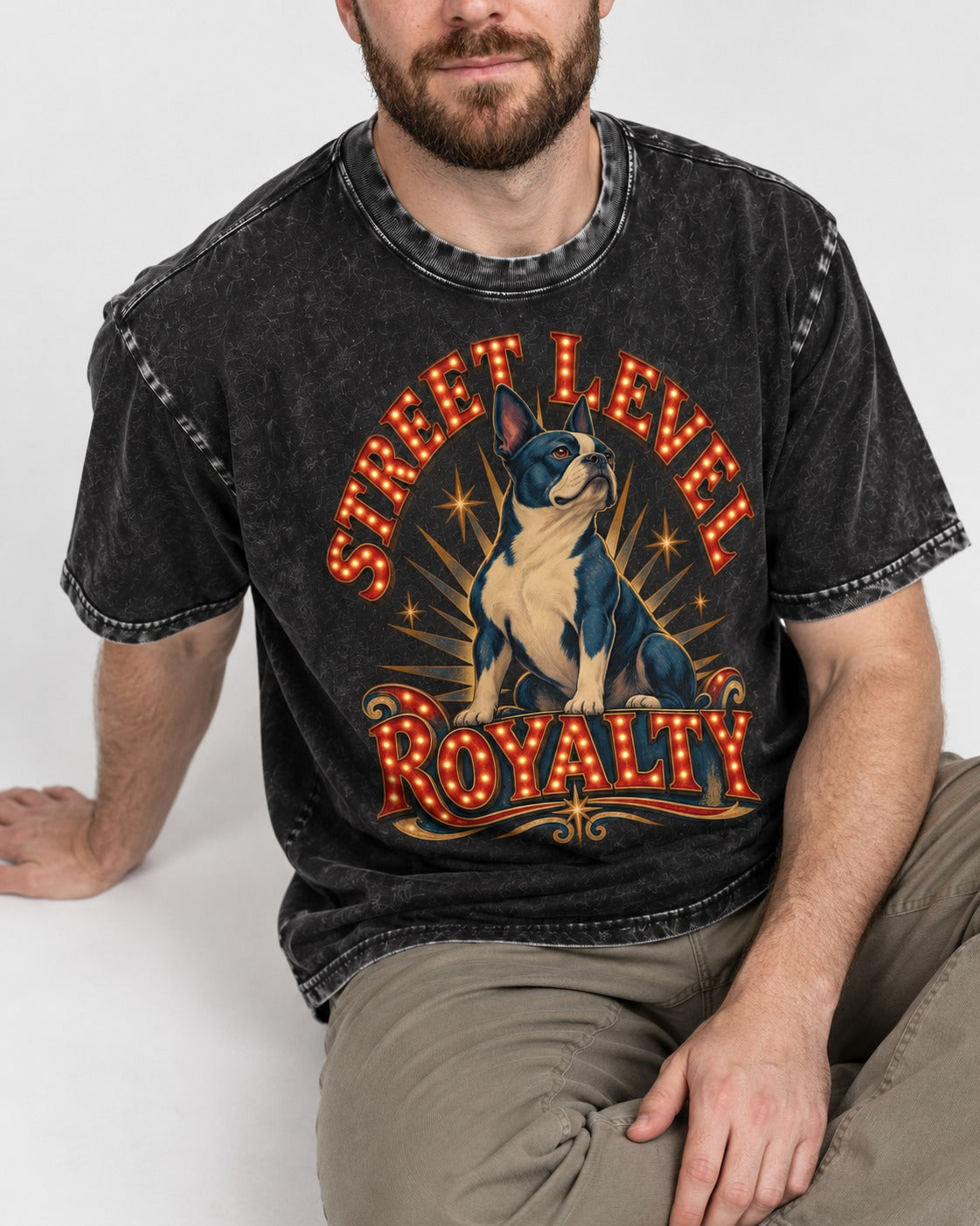 Street Level Royalty Boston Terrier Washed Tee in Black, worn by a seated model