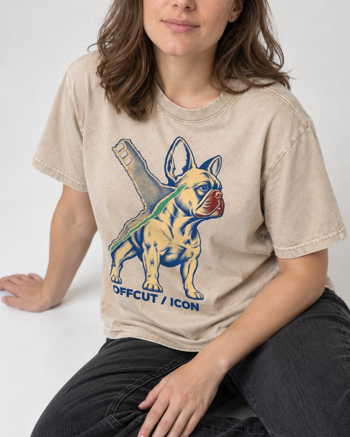 Offcut Frenchie Icon Washed Tee in Apricot, worn by a seated model