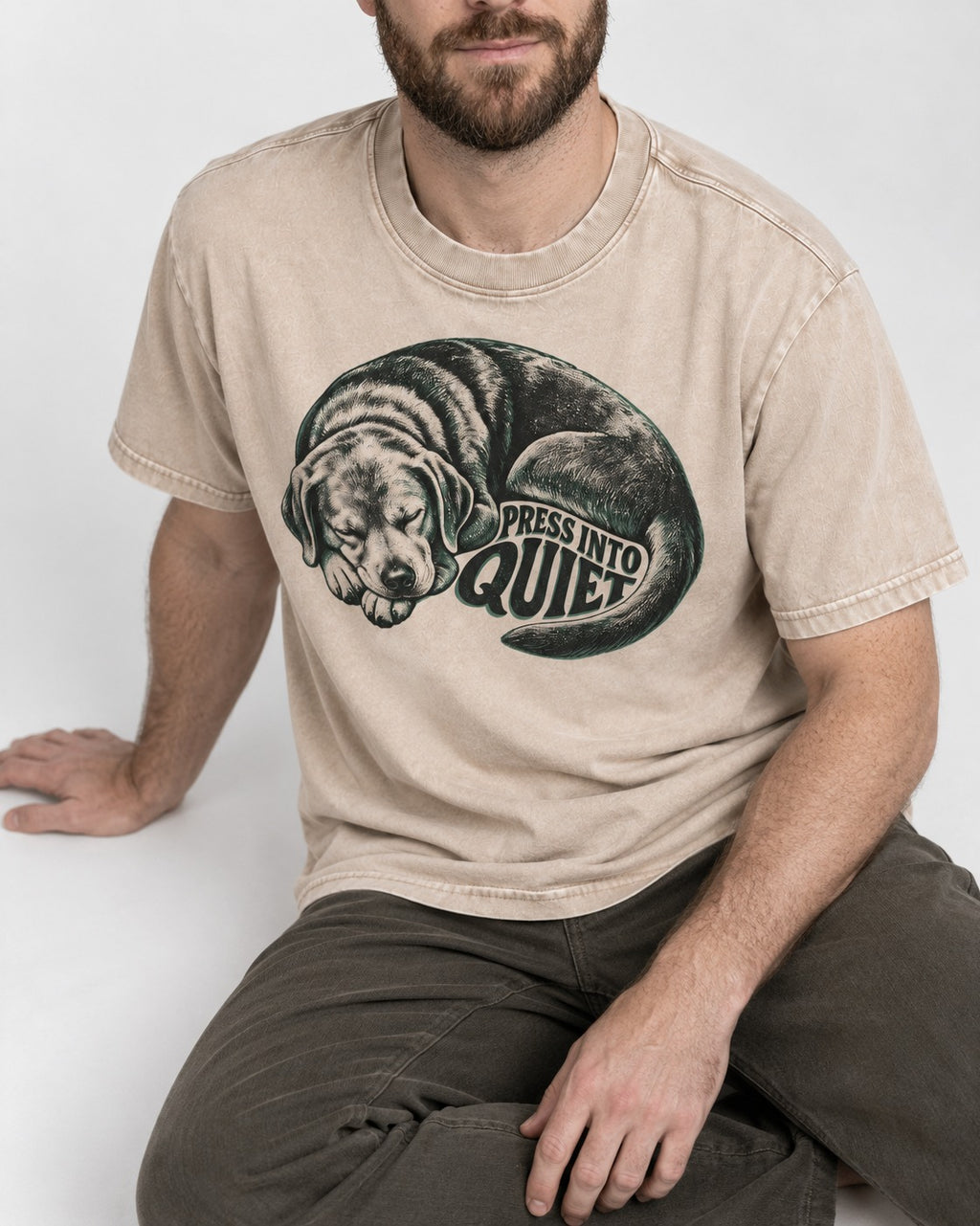 Labrador Retriever Press Into Quiet Washed Tee in Apricot, worn by a seated model