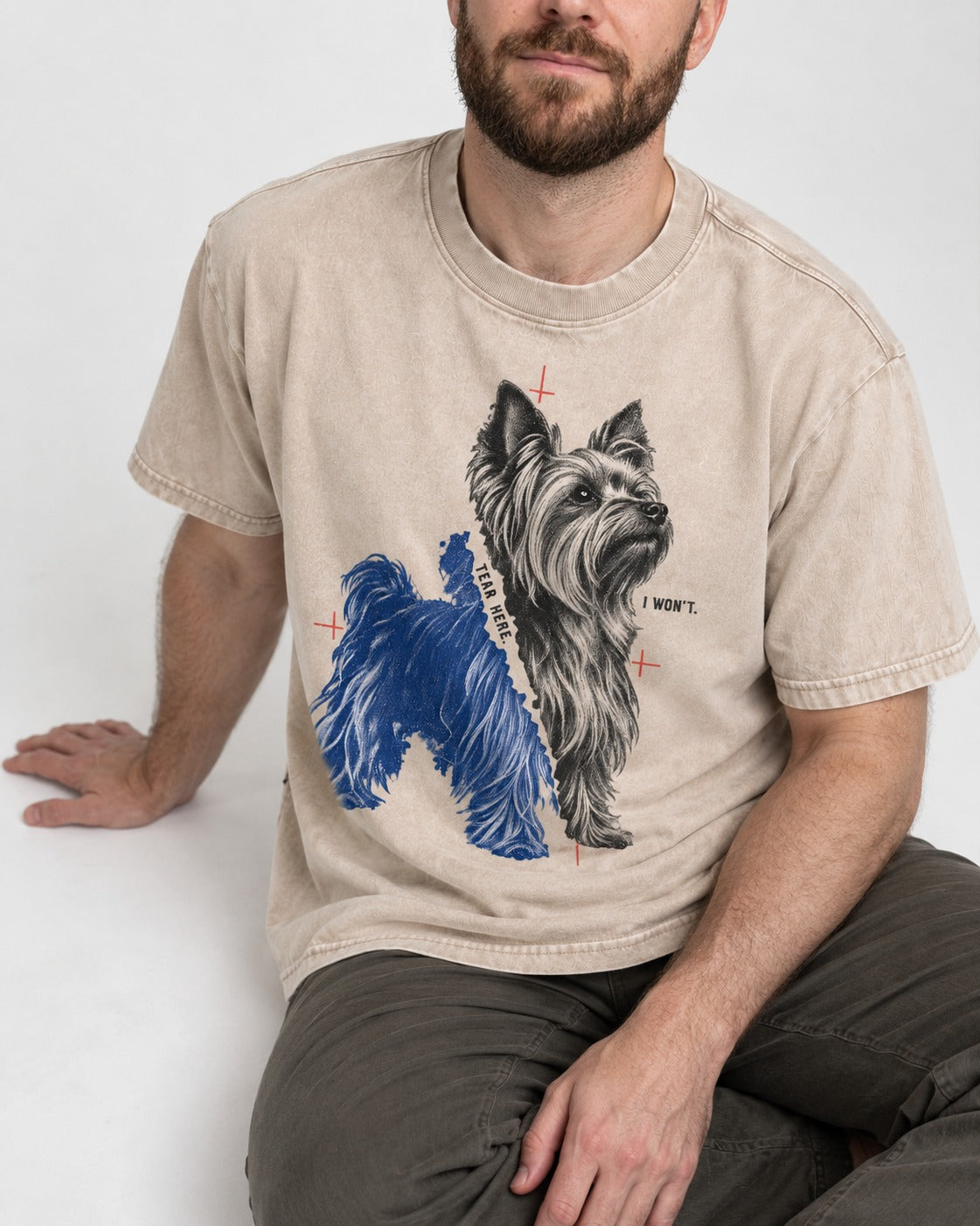 Yorkshire Terrier I Won't Tear Here Washed Tee in Apricot, worn by a seated model