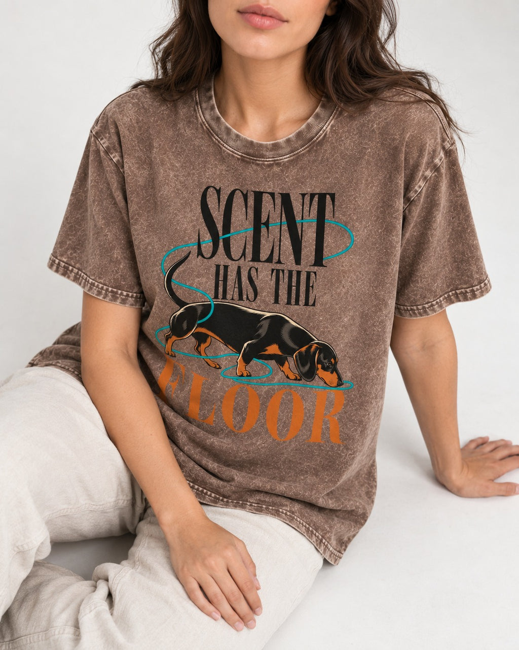 Dachshund Scent Has the Floor Washed Tee in Coffee, worn by a seated model