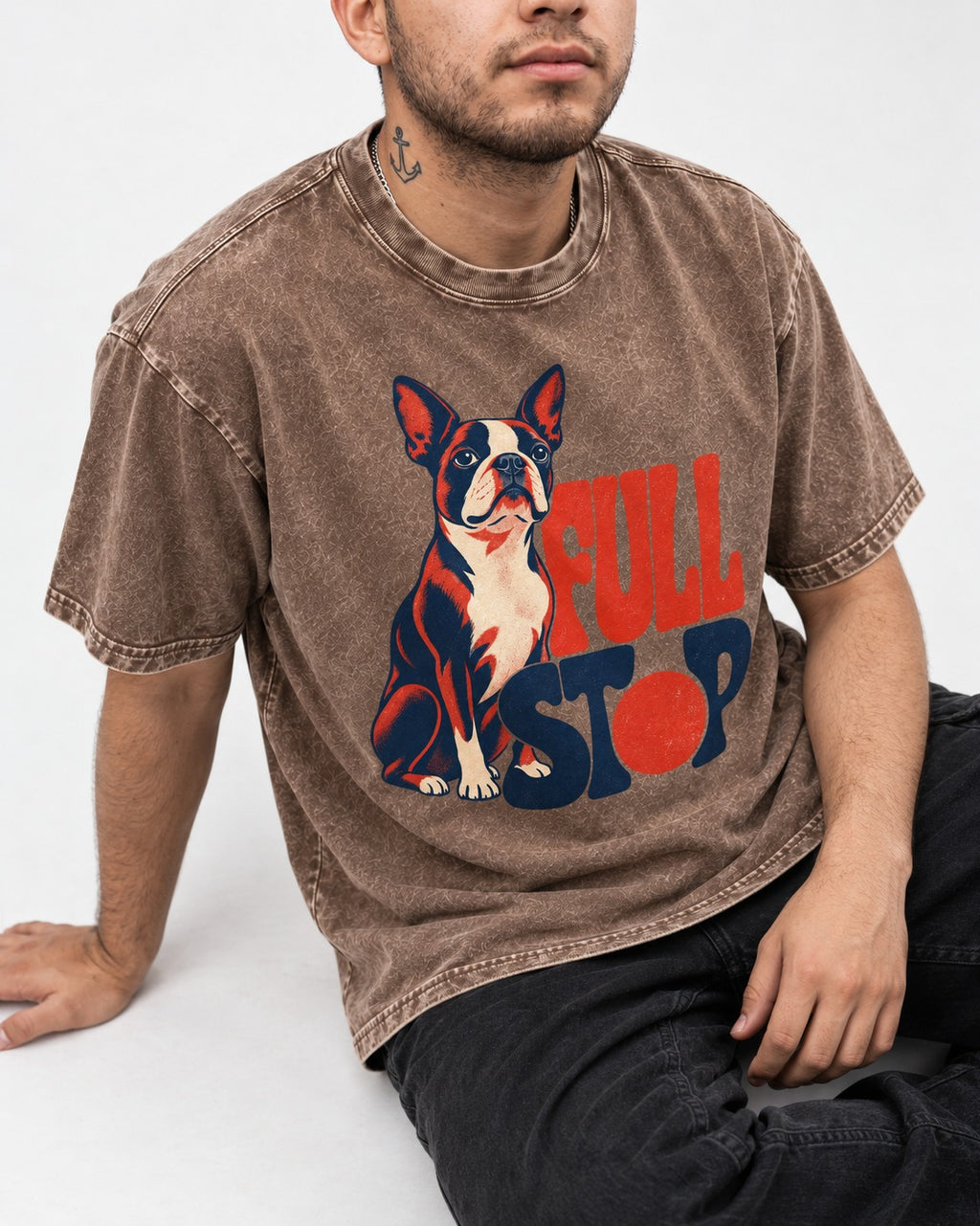 Full Stop for Boston Terrier Washed Tee in Coffee, worn by a seated model