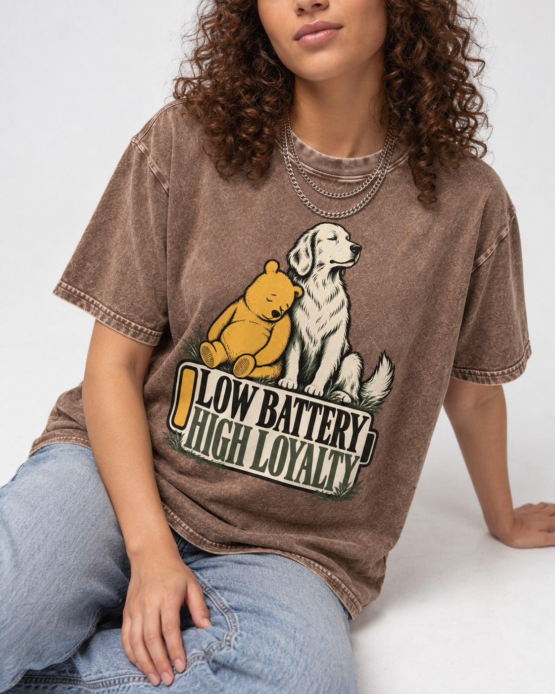 Golden Retriever Low Battery High Loyalty Washed Tee in Coffee, worn by a seated model