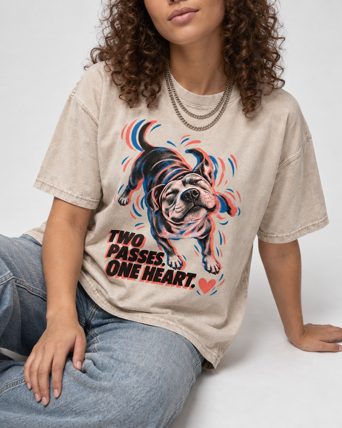 Two Passes One Heart Pitbull Washed Tee in Apricot, worn by a seated model