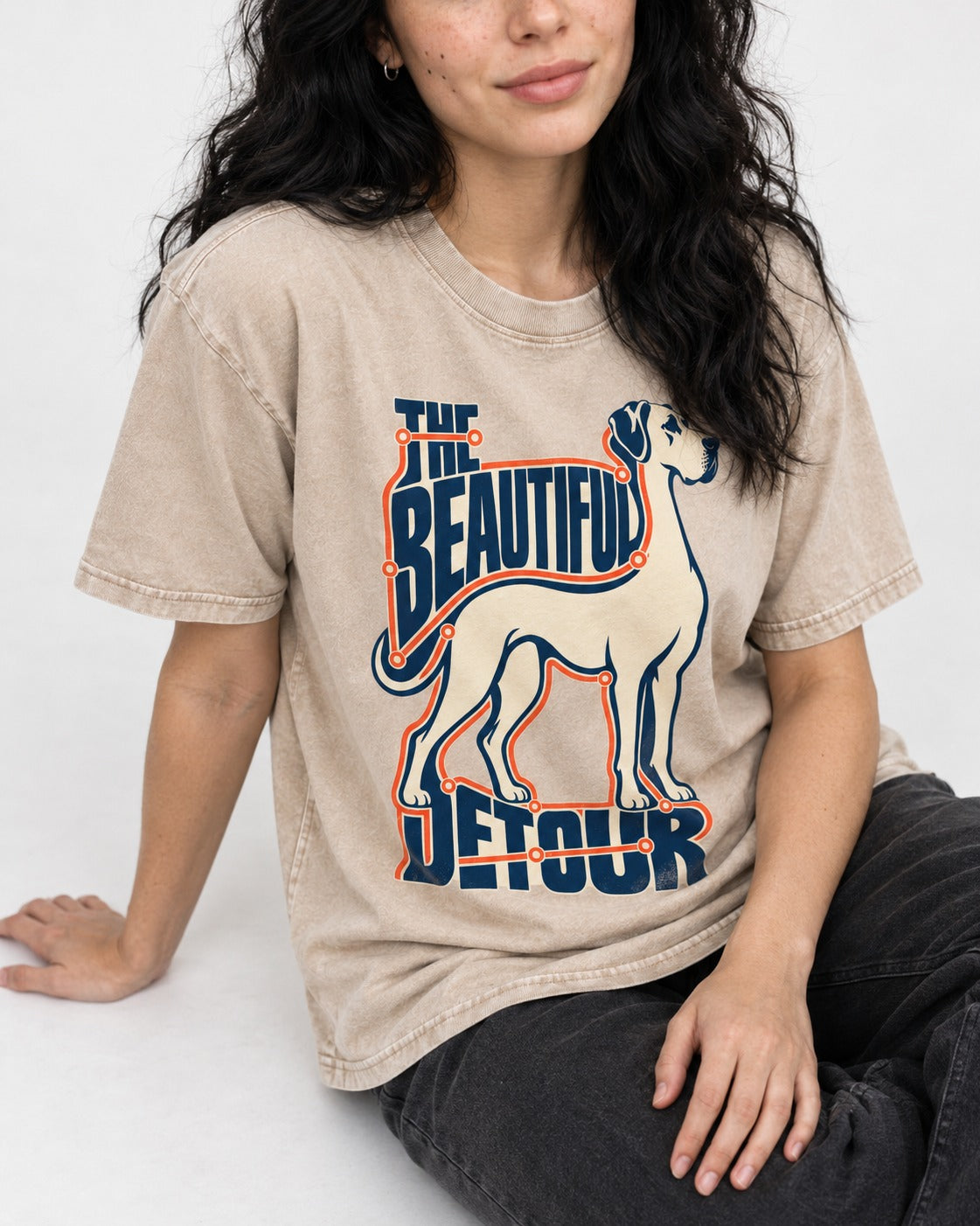 Great Dane's Beautiful Detour Washed Tee in Apricot, worn by a seated model