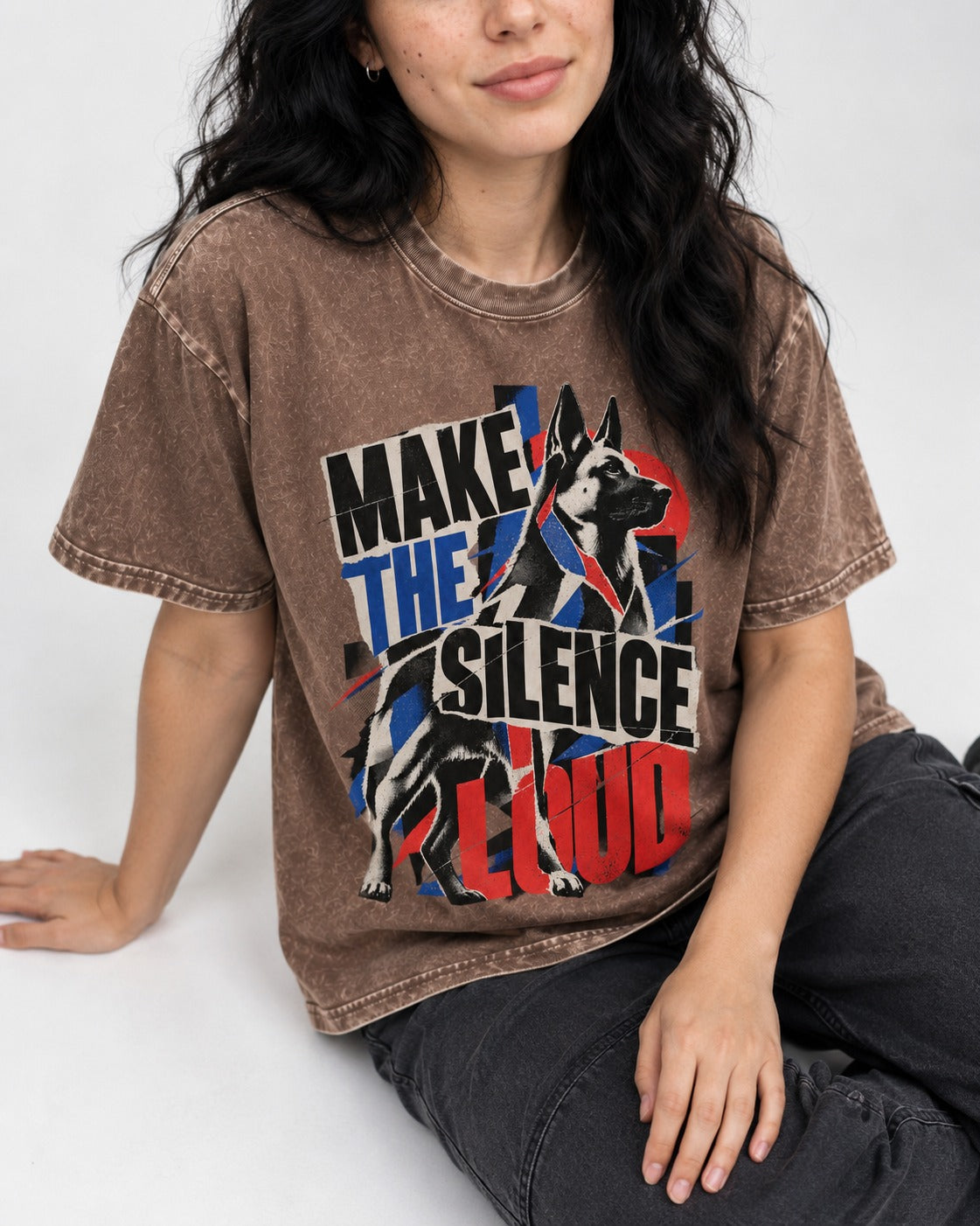 German Shepherd Dog Make the Silence Loud Washed Tee in Coffee, worn by a seated model