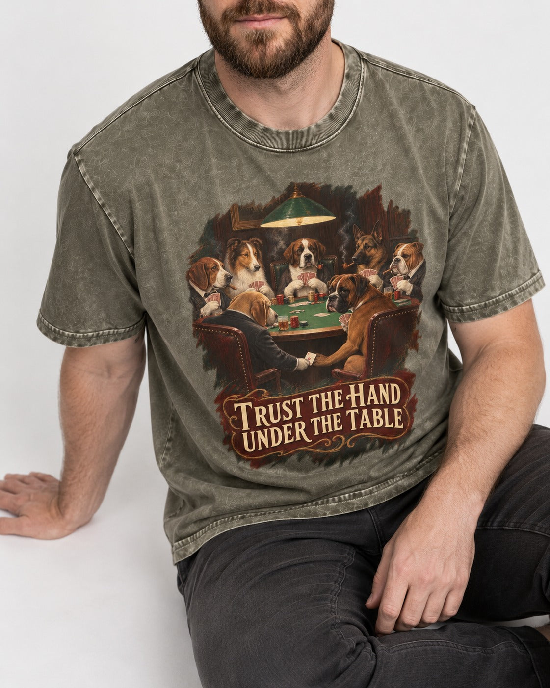 Trust the Hand Under the Table Boxer Poker Graphic Washed Tee in Army Green, worn by a seated model