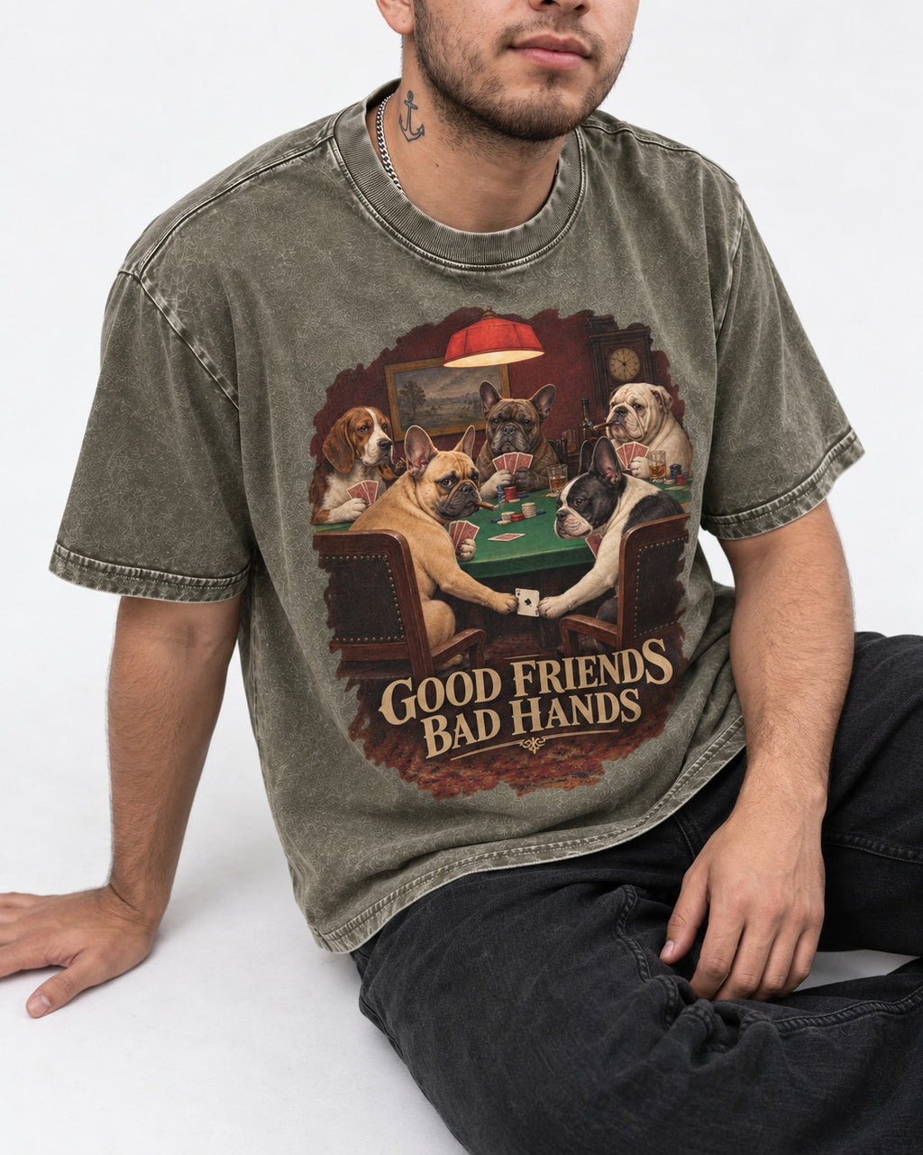 Frenchie Good Friends Bad Hands Poker Graphic Washed Tee in Army Green, worn by a seated model