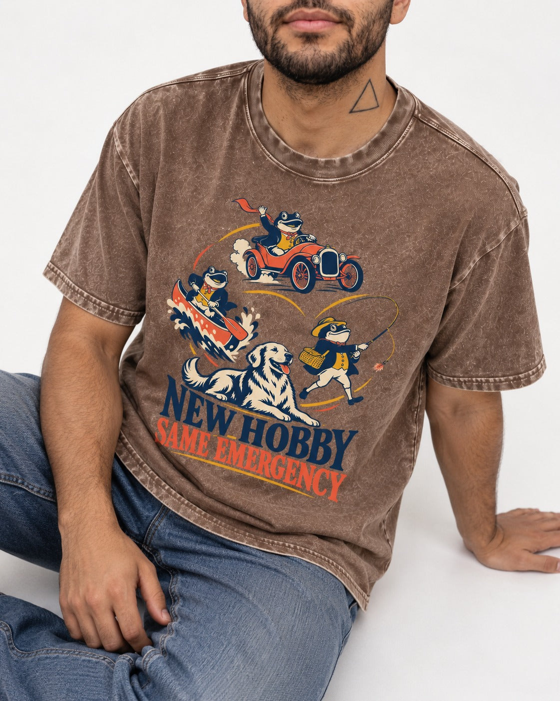 Golden Retriever New Hobby Same Emergency Washed Tee in Coffee, worn by a seated model